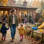 A mother walks two toddlers towards a British nursery playground on an autumn morning
