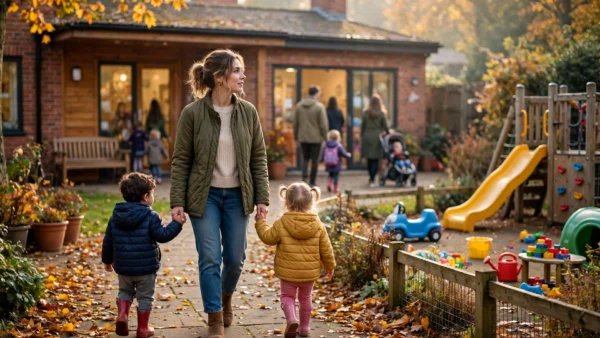 A mother walks two toddlers towards a British nursery playground on an autumn morning