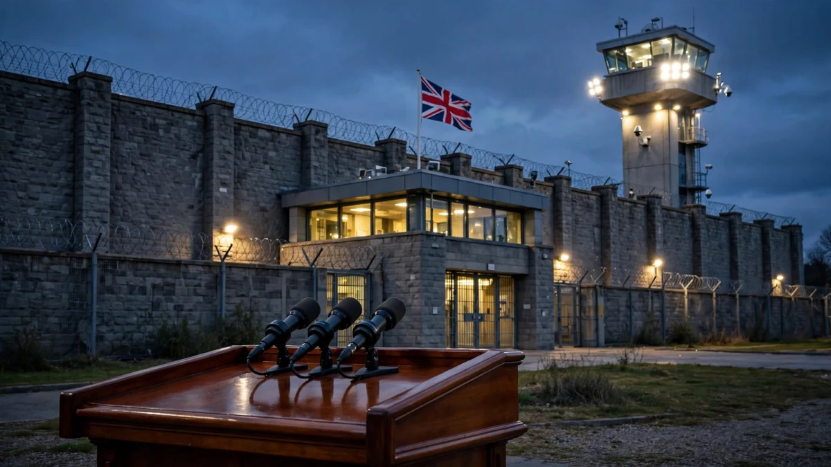 Floodlit exterior of a British prison at dusk with barbed-wire walls, a watchtower and the Union Jack, with a press podium in the foreground