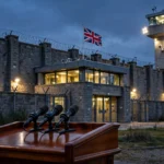 Floodlit exterior of a British prison at dusk with barbed-wire walls, a watchtower and the Union Jack, with a press podium in the foreground