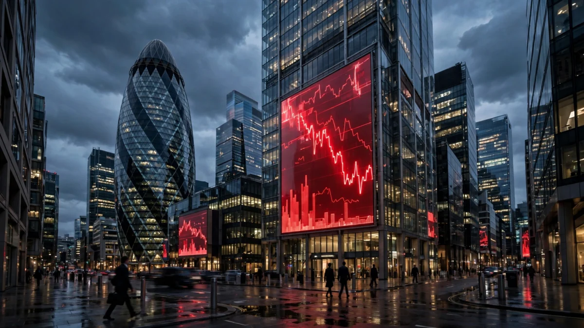 The City of London at dusk with a giant red falling stock chart on a bank tower, illustrating the sell-off in UK bank shares.