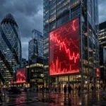 The City of London at dusk with a giant red falling stock chart on a bank tower, illustrating the sell-off in UK bank shares.