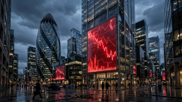 The City of London at dusk with a giant red falling stock chart on a bank tower, illustrating the sell-off in UK bank shares.