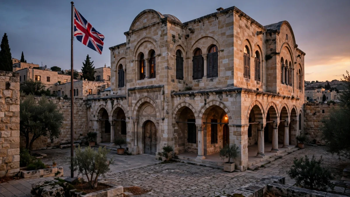 A historic limestone consulate building in East Jerusalem at dusk with the Union Jack flag flying, which Israel is set to close on Thursday in a diplomatic row over Britain's settlement trade ban.