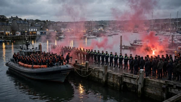 A lifeboat ferrying migrants ashore at a British harbour at dusk, with police forming a cordon as protesters gather and red flares burn