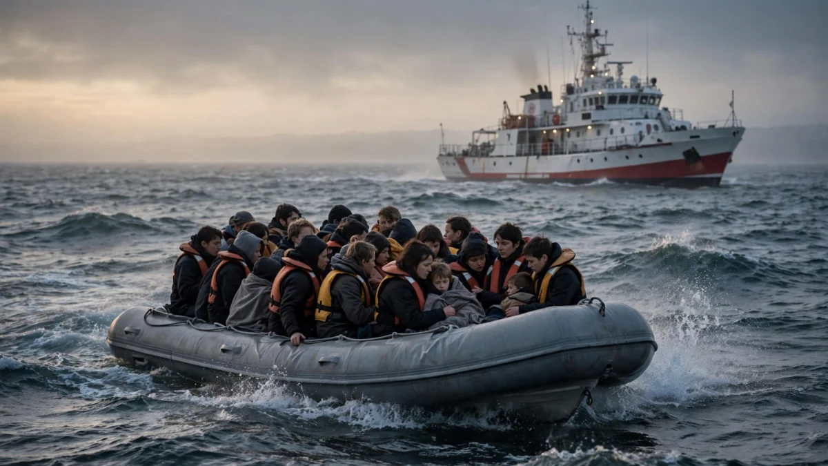 An overcrowded small migrant boat crosses the English Channel as a coast guard vessel watches nearby at dusk.