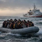 An overcrowded small migrant boat crosses the English Channel as a coast guard vessel watches nearby at dusk.