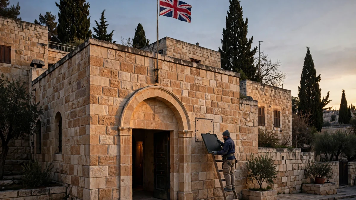 A workman on a ladder removes a blank plaque from the honey-coloured limestone wall of Britain's Jerusalem diplomatic building at dusk while the Union Jack flies above, after the consulate was renamed the UK Mission, Jerusalem.