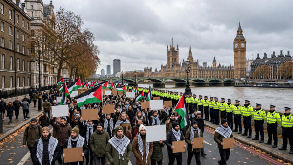 Pro-Palestine demonstrators carrying Palestinian flags and blank placards march along the Thames toward Big Ben and the Houses of Parliament as Metropolitan Police officers in high-visibility jackets line the pavement in central London