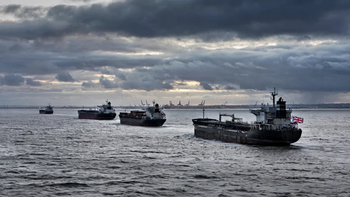 Oil tankers sailing at dusk under a cloudy sky, one flying a Union Jack flag, representing Britain's new sanctions on Russia's shadow fleet.