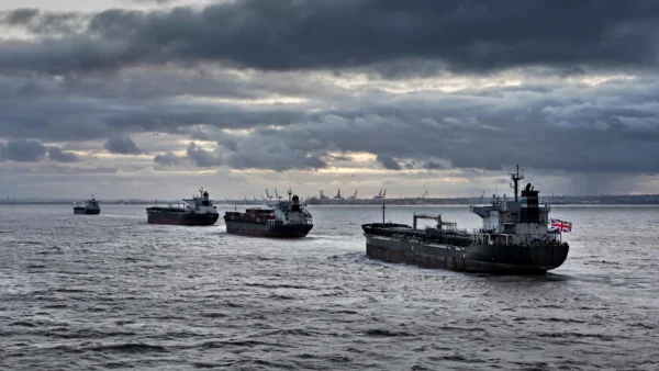 Oil tankers sailing at dusk under a cloudy sky, one flying a Union Jack flag, representing Britain's new sanctions on Russia's shadow fleet.