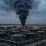 AI-generated editorial illustration: dark smoke column rising from an oil storage terminal at dusk, depicting the reported fire at the Yug Rusi oil-loading terminal in Rostov-on-Don, Russia