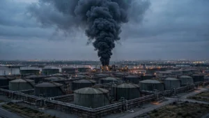 AI-generated editorial illustration: dark smoke column rising from an oil storage terminal at dusk, depicting the reported fire at the Yug Rusi oil-loading terminal in Rostov-on-Don, Russia