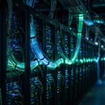 Rows of AI server racks in a darkened data centre hall linked by glowing fibre-optic networking cables, blue and green indicator lights, cinematic editorial photograph