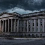 The US Treasury Building in Washington, D.C., photographed at dusk under heavy clouds, illustrating the strain on federal finances after the deficit reached $2 trillion in fiscal 2026.
