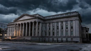 The US Treasury Building in Washington, D.C., photographed at dusk under heavy clouds, illustrating the strain on federal finances after the deficit reached $2 trillion in fiscal 2026.