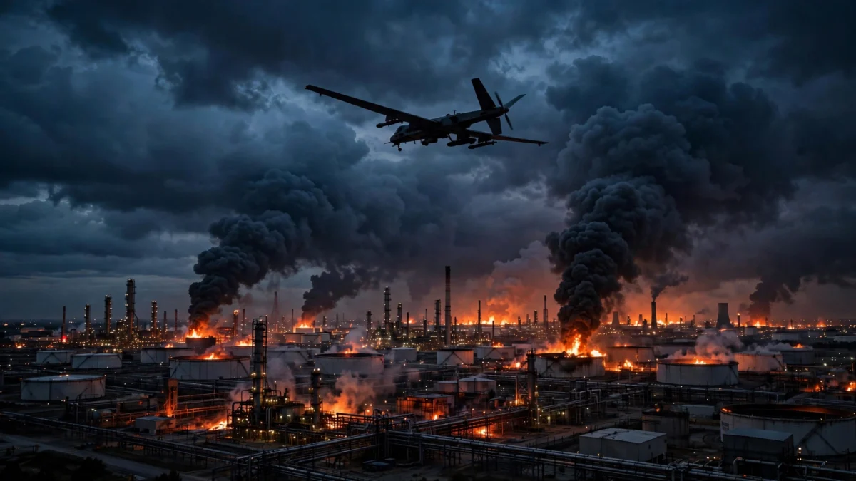 Drone silhouette over a burning oil refinery at dusk
