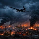 Drone silhouette over a burning oil refinery at dusk