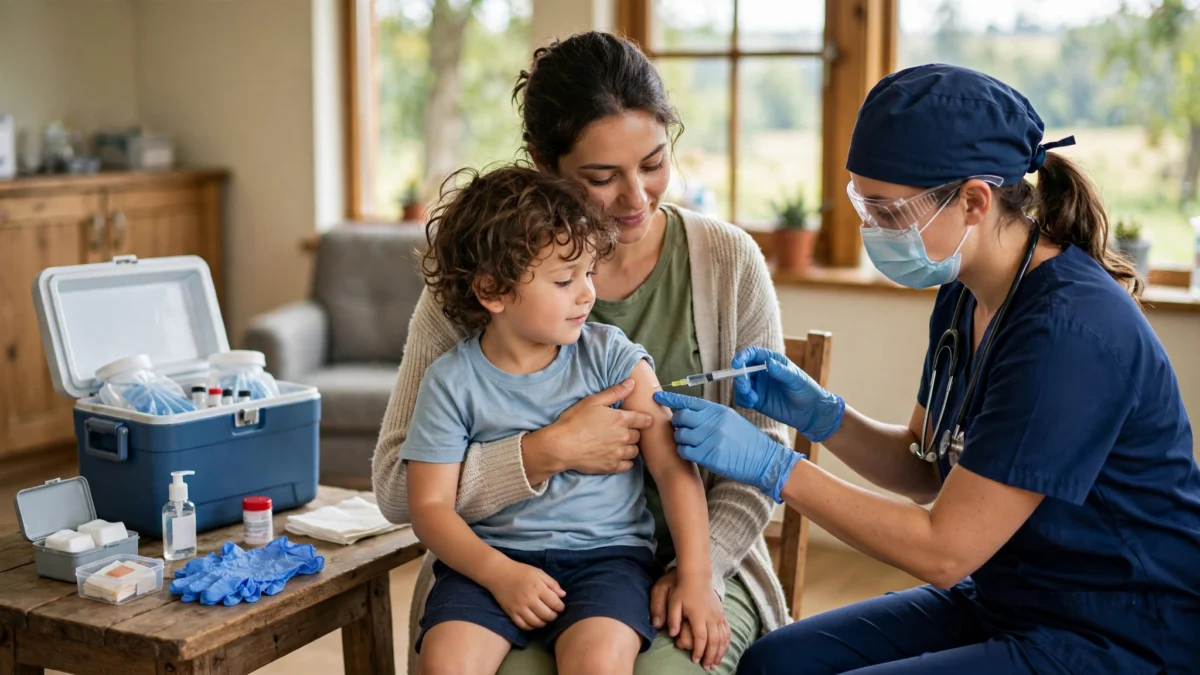 A healthcare worker administering a vaccine to a young child sitting on his mother's lap at a community health clinic