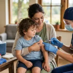 A healthcare worker administering a vaccine to a young child sitting on his mother's lap at a community health clinic