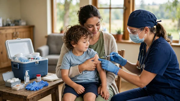 A healthcare worker administering a vaccine to a young child sitting on his mother's lap at a community health clinic