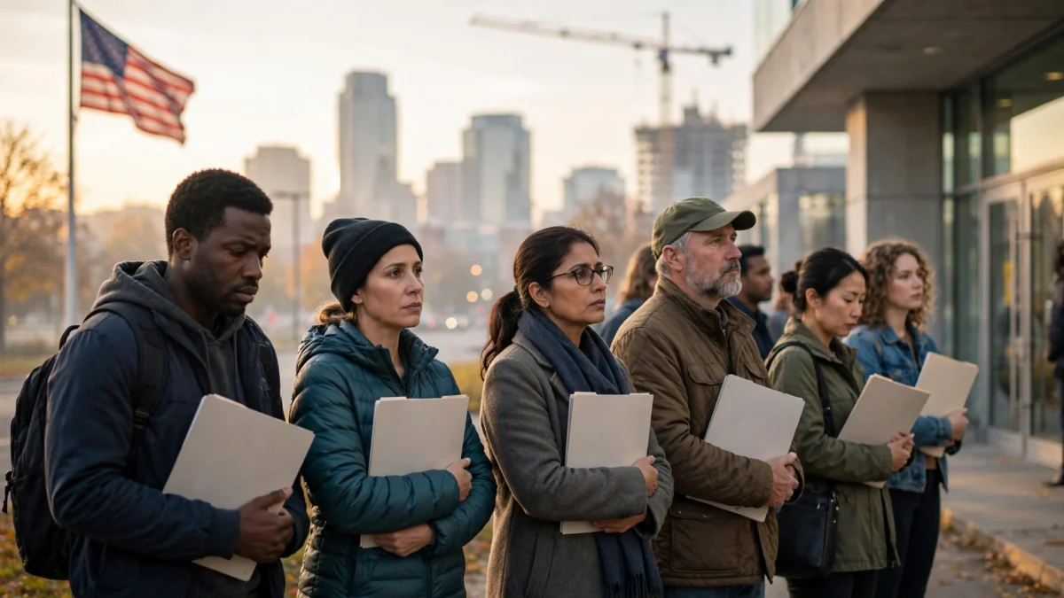 Diverse American job seekers holding blank folders queue outside an employment center at dawn with the U.S. flag and city skyline behind them, illustrating the weak September 2026 U.S. jobs report.