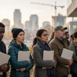 Diverse American job seekers holding blank folders queue outside an employment center at dawn with the U.S. flag and city skyline behind them, illustrating the weak September 2026 U.S. jobs report.