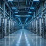 Interior of a nuclear fuel enrichment facility with long rows of centrifuge cylinders, illustrating Iran's nuclear enrichment programme.