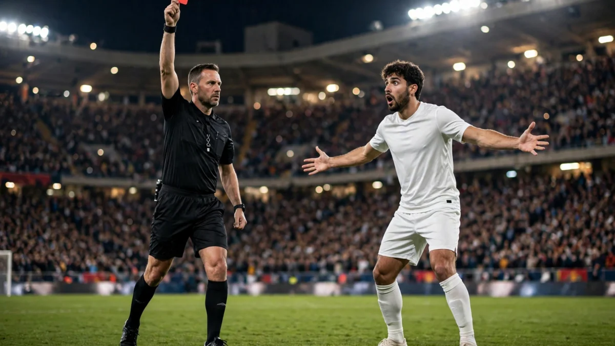 Night football match at the Bernabéu: referee shows a red card to a Real Madrid player in white as fans react under floodlights.