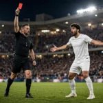 Night football match at the Bernabéu: referee shows a red card to a Real Madrid player in white as fans react under floodlights.