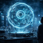 A glowing holographic model of a human cell floating above a laboratory workstation as a scientist studies it, illustrating the Virtual Biology Initiative's goal of building AI that can predict how cells behave.
