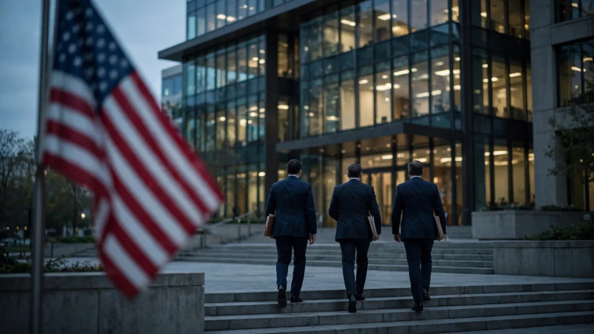 Federal officials entering a US government office building at dusk with an American flag in the foreground, after the Trump administration suspended major tech companies from the green-card program