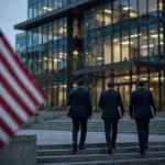 Federal officials entering a US government office building at dusk with an American flag in the foreground, after the Trump administration suspended major tech companies from the green-card program