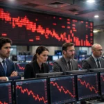Traders on a Wall Street trading floor watching rows of monitors showing red falling charts during a bond-market selloff.