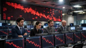 Traders on a Wall Street trading floor watching rows of monitors showing red falling charts during a bond-market selloff.