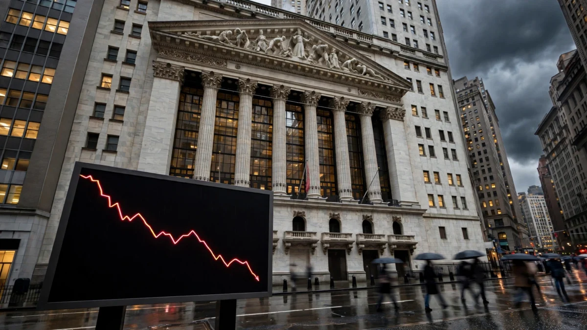 New York Stock Exchange facade at dusk with a large electronic screen showing a red downward-trending stock chart line, rain-wet street