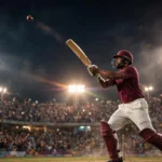 West Indies batsman in a maroon jersey playing a lofted shot under floodlights during the second T20 international against India at Ranchi's JSCA International Stadium Complex