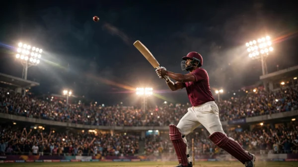 West Indies batsman in a maroon jersey playing a lofted shot under floodlights during the second T20 international against India at Ranchi's JSCA International Stadium Complex