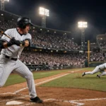 A baseball batter in a pinstripe uniform swinging at a night playoff game, with a diving right fielder and the ball in play under stadium floodlights