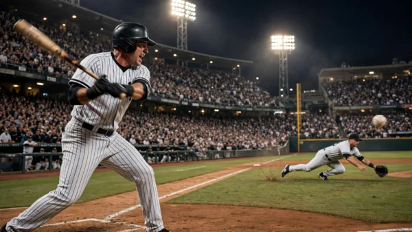 A baseball batter in a pinstripe uniform swinging at a night playoff game, with a diving right fielder and the ball in play under stadium floodlights