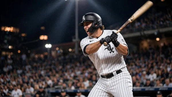 A Chicago White Sox batter in a pinstripe home uniform swings at a pitch during a night game at a packed stadium.
