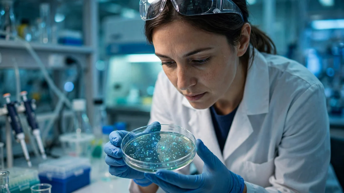 A scientist in a white lab coat examining a petri dish with cell cultures in a research laboratory