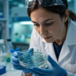 A scientist in a white lab coat examining a petri dish with cell cultures in a research laboratory