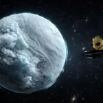 Artist's impression of the cold brown dwarf WISE 0855 wrapped in pale water-ice clouds, with the James Webb Space Telescope observing in the background