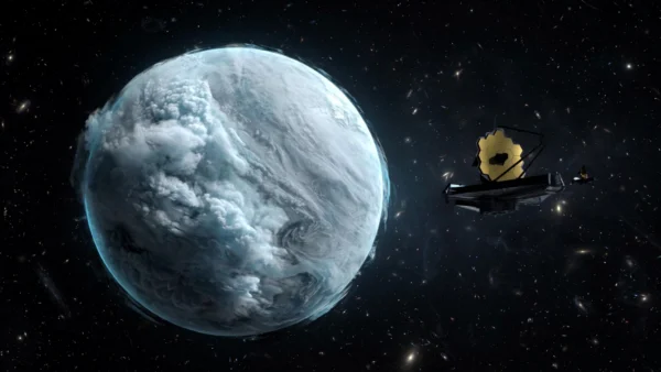 Artist's impression of the cold brown dwarf WISE 0855 wrapped in pale water-ice clouds, with the James Webb Space Telescope observing in the background