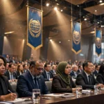 Delegates from many nations seated in a grand Bangkok conference hall beneath blue and gold globe emblem banners at the 2026 IMF and World Bank Annual Meetings