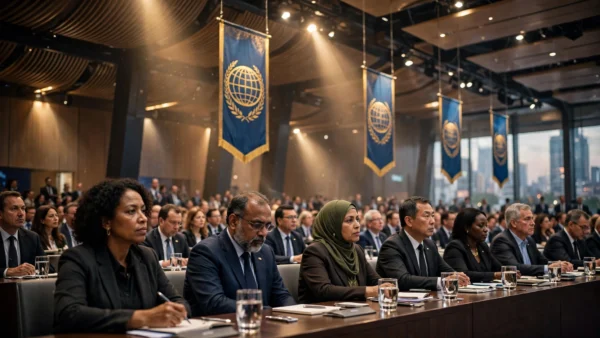 Delegates from many nations seated in a grand Bangkok conference hall beneath blue and gold globe emblem banners at the 2026 IMF and World Bank Annual Meetings