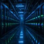 Long rows of server racks inside a modern data centre, illustrating Yandex's computing infrastructure.