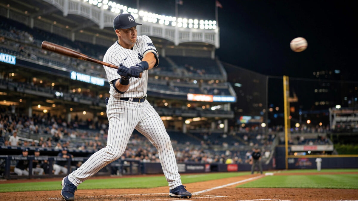 New York Yankees batter swinging at night during the AL Wild Card Series sweep of the Boston Red Sox at Yankee Stadium