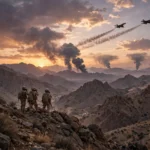 Yemeni soldiers overlook the mountains of Taiz province at dusk as fighter jets fly overhead during the army's operations against the Houthis.